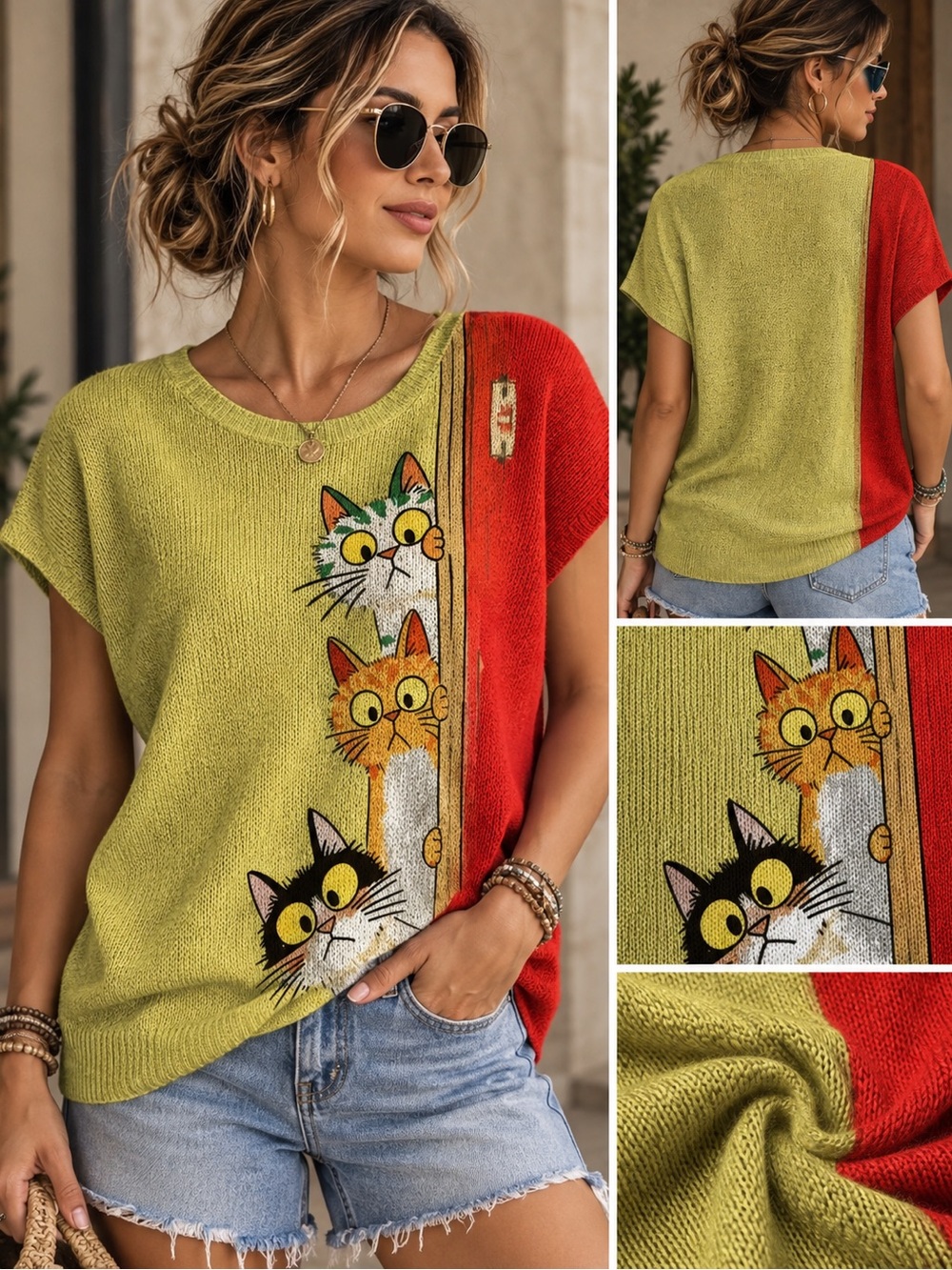 Playful Cat Print Cowl Sweater in Lime Green and Red